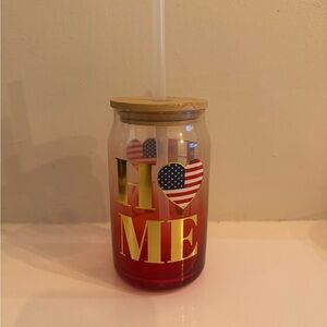 NWT Patriotic Glass Tumbler with Bamboo Lid and Straw